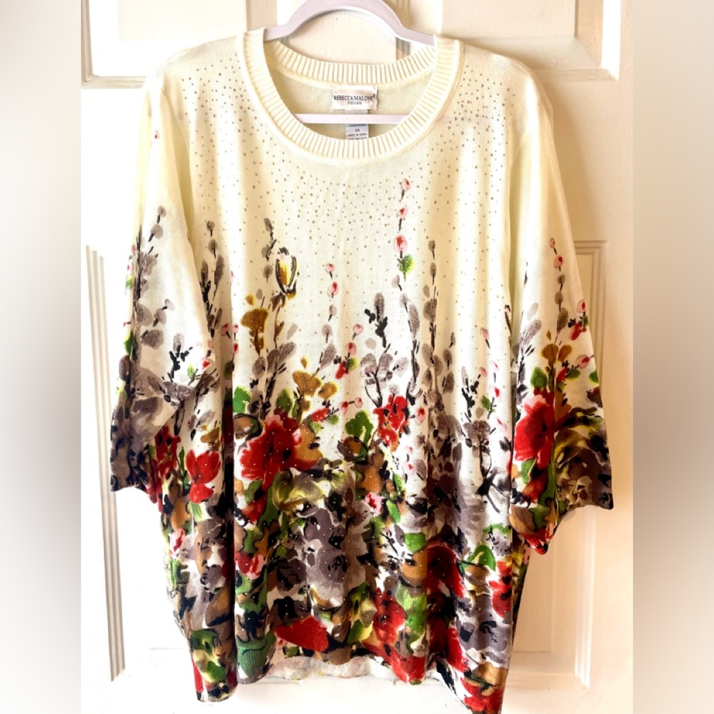 Rebecca Malone Rust Gray Green Floral Gold Iridescent Gem Accent Sweater Size 3X